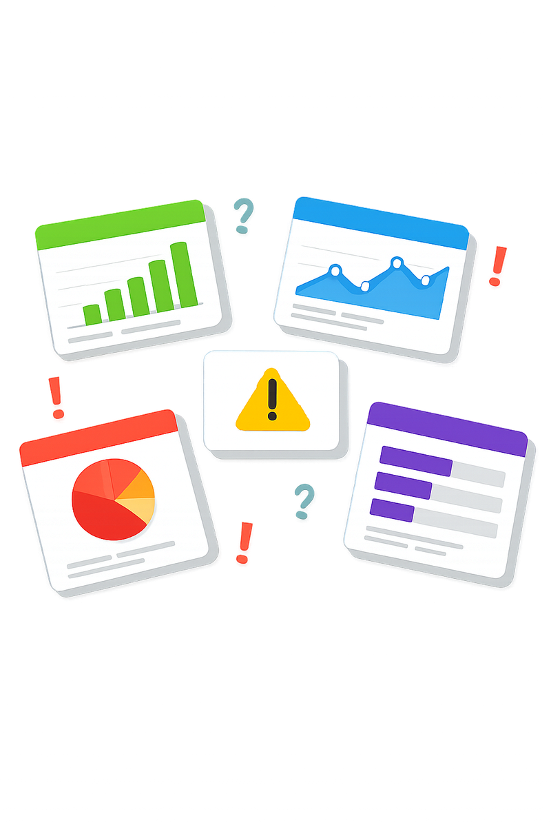 Scattered dashboard cards from different platforms showing conflicting data
