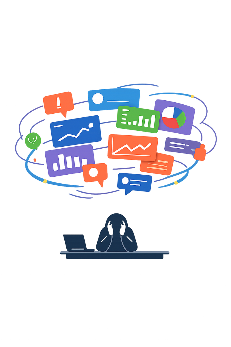 Person overwhelmed by swirling dashboards and notifications from multiple data sources